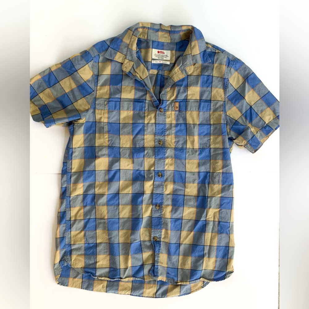 Fjallraven High Coast Men’s Medium Blue Yellow Plaid Button Up Shirt Regular Fit